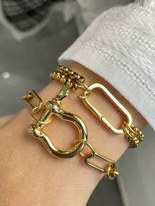 3pcs/2pcs/1pc Elegant Luxurious Horseshoe-Shaped Oval Buckle Women's Bracelet, High-End Vintage Style, Perfect Holiday Gift - Gold - View 2