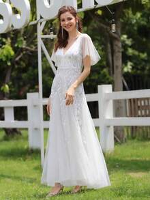 EVERPRETTY 浪漫優雅奢華葉片亮片刺繡白色婚紗正式晚禮服，優雅設計，適合婚禮、週年紀念及半正式場合 - 白色 - 查看 5