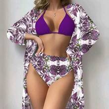 Conjunto de Baño 3 Piezas Estampado Tropical Flores y Piñas, Bikini Halter Negro Liso, Braguita Alta Cintura + Kimono Largo Estampado para Playa y Piscina - Amarillo - Ver 4