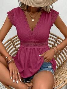 Camiseta de manga corta casual con cuello en V profundo y encaje de color sólido para mujer  Frenchy, top de verano. - Púrpura polvoriento - Ver 8