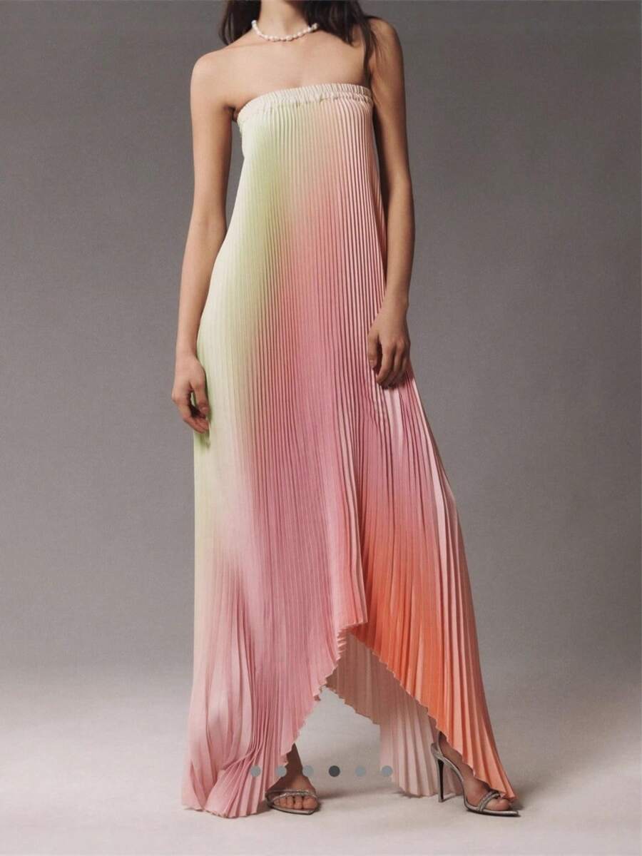 European And American Women's Gradient Color Strapless Dress, Fashionable Pleated Gown, Sleeveless, Breathable And Comfortable