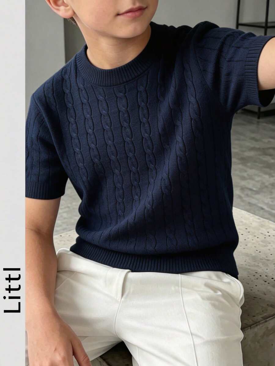 Sweater Rajut Lengan Pendek Warna Polos Dasar untuk Anak Laki-laki, Atasan Rajut Leher Bulat Kasual Anak-anak, Pakaian Rajut Serbaguna untuk Sehari-hari - Navy Blue - View 1