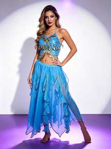 Professional Belly Dance Embroidered Coin Fringe Halter Crop Top, Elastic Waist Gold Trim Chiffon Skirt For Dance Training, Shows And Competitions - Multicolor - View 4
