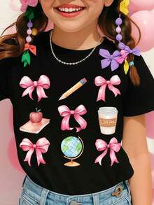 Boys' And Girls' T-Shirt With Pink Bows, Apple, Book, Pencil, Globe, And Coffee Cup Print - Schoolgirl Style And Cute For Clothing - 黑色 - 查看 2