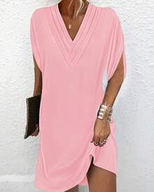 Vestido de mujer europeo y americano de primavera/verano 2026 con cuello en V, plisado y mangas de murciélago. - Negro - Ver 9