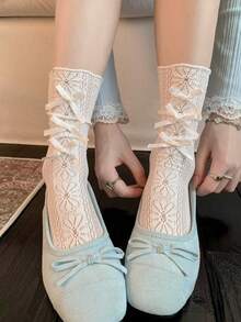 1 Pair Ballet Style Lace Socks, Women's Mid-Calf Socks, Summer JK Thin Stacked Socks, -Style Long White Socks To Match Mary Jane Shoes - Multicolor - View 6