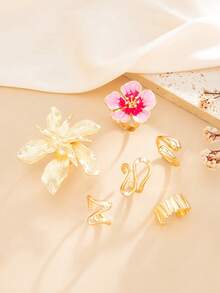 6pcs/Set Bohemian Ocean Style Asymmetrical Flower Oil Drop Rings Set, Women's Jewelry Accessories - Gold - View 9