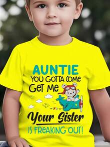 Fashionable Summer Short-Sleeved T-Shirt For Children With The Print "AUNT, YOU HAVE TO COME! Your Sister Is Going Crazy!" Featuring A Bear With Flight Gear Flying An Airplane, N - 黃色 - 查看 6