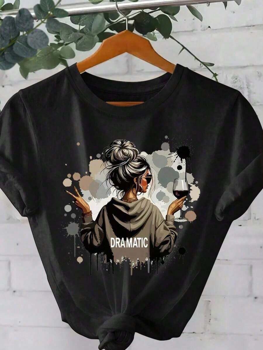 Casual Short-Sleeved Crew Neck T-Shirt With Portrait Print, Women's Spring/Summer Clothing, Women's T-Shirts, Shirt Women, Mexico - 黑色 - 查看 1