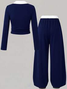 Girls' Autumn/Winter Fashion 2 Pieces Set, White V-Neck + Navy Blue Long Sleeve Top + Wide Leg Pants Outfit, Bow Print, Suitable For School And Other Occasions - Navy Blue - View 6