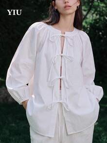 YIU 女款優雅白色長袖荷葉邊襯衫，100%純棉，主教袖，前綁帶設計，適合休閒穿著 - 白色 - 查看 5