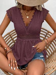 Camiseta de manga corta casual con cuello en V profundo y encaje de color sólido para mujer  Frenchy, top de verano. - Púrpura polvoriento - Ver 7
