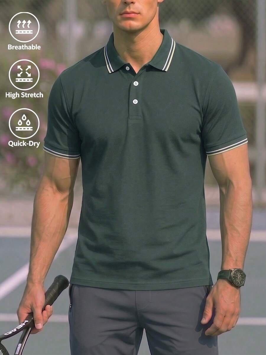 Men's Sports Polo Shirt, Breathable Lightweight Quick-Dry Striped Collar Casual Short Sleeve Top, Versatile Homewear & Outdoor Sports T-Shirt Summer - Olive Green - View 1
