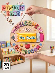 1pc Personalized Custom Text Round Wooden Classroom Door Sign,Custom Teacher Name Welcome Wall Hanging Plaque,2D Flat Pencil Apple School Door Hanger,Teacher'S Day Back To School Gift,Educators,Classroom Front Door Welcome Decorations - Apricot - View 2