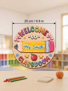 1pc Personalized Custom Text Round Wooden Classroom Door Sign,Custom Teacher Name Welcome Wall Hanging Plaque,2D Flat Pencil Apple School Door Hanger,Teacher'S Day Back To School Gift,Educators,Classroom Front Door Welcome Decorations - Apricot - View 4
