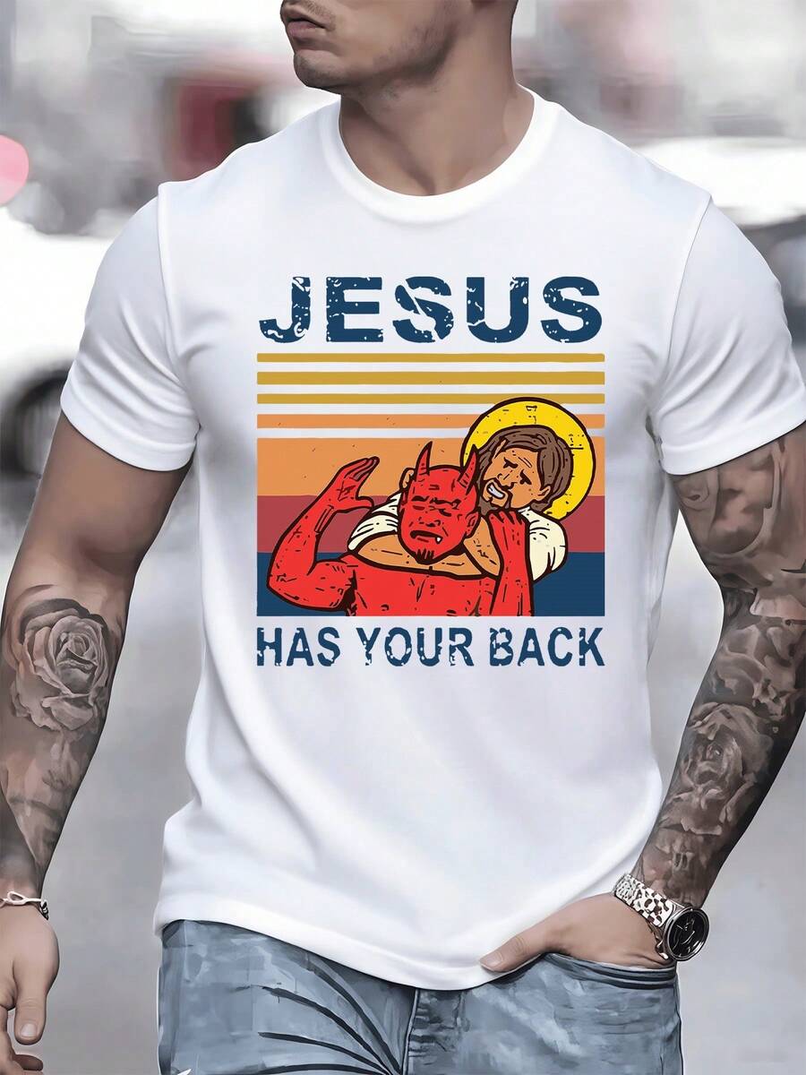 Jesús protege tu alma contra fuerzas oscuras ofreciendo paz eterna mediante fe inquebrantable en esta moderna camiseta de hombre con gran mensaje - Blanco - Ver 1