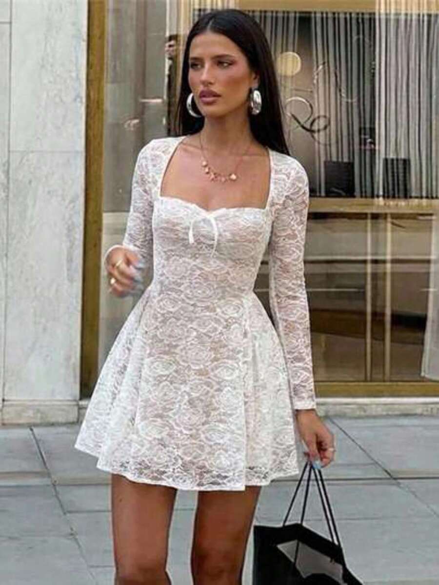 Vestido blanco mini sexy con manga larga, cuello en forma de corazón de encaje, lazo y fruncido, estilo romántico y dulce para mujer, ideal pa - Blanco - Ver 1