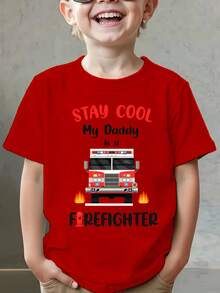 Summer Fashion Short Sleeve T-Shirt For Kids "STAY COOL My Daddy Is A FIREFIGHTER" With Fire Truck Cartoon Print, Casual Outdoor Top NY-DX9673 - 紅色 - 查看 1