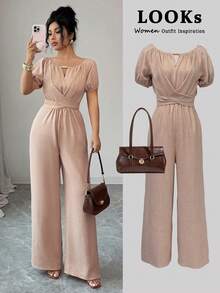 Elegant Women's Wide-Leg Jumpsuit With Round Neck, Long Sleeves, Twisted Waist And Wooden Bead Decoration In Khaki For Everyday Wear - 黑色 - 查看 1