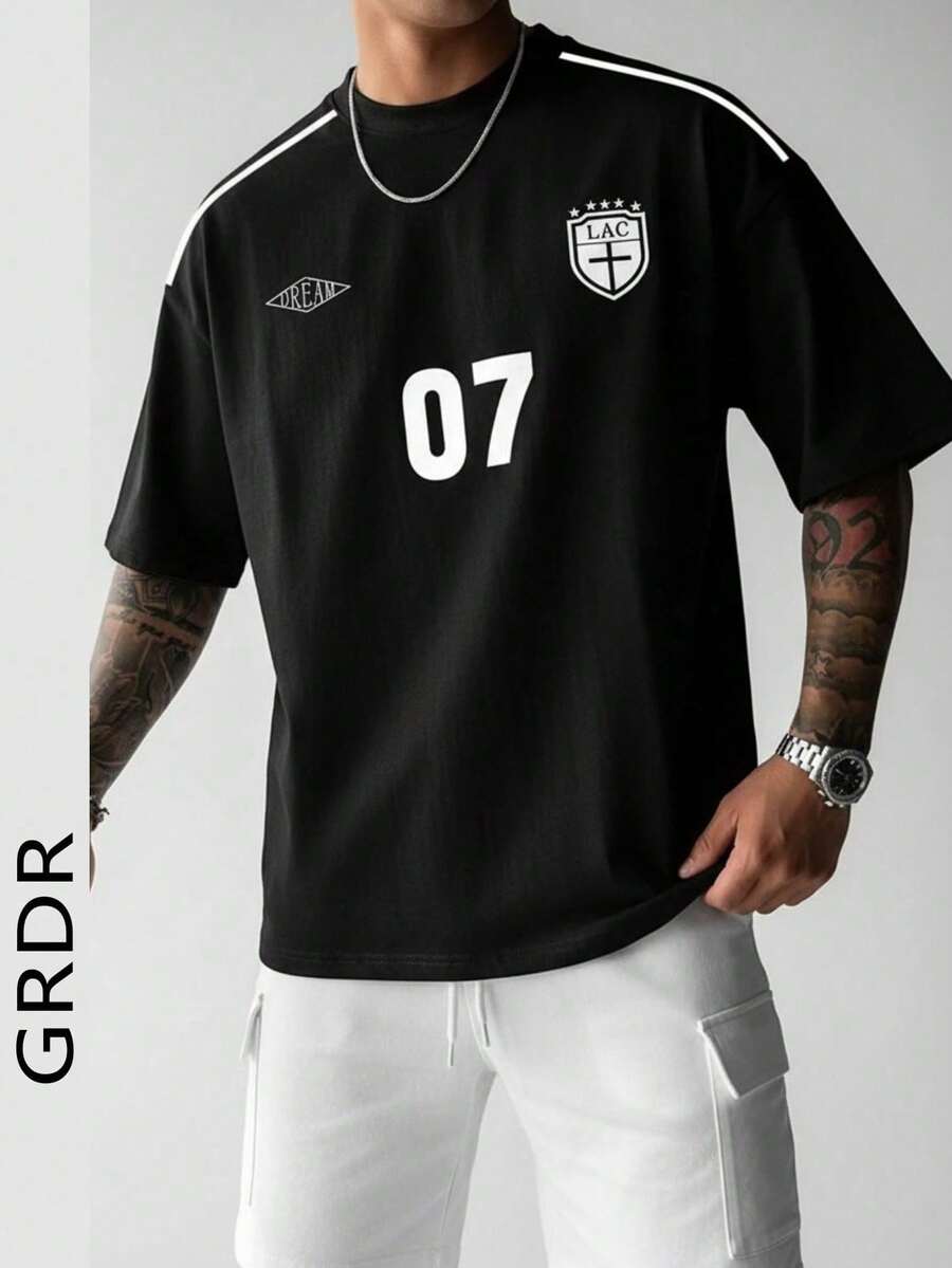 GRDR Men's Summer Fashion Graphic Number Print Short Sleeve T-Shirt, Suitable For Daily Commute And Exercise. - الأسود - مشاهدة 1