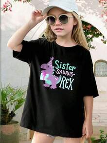 Unisex Short Sleeve Casual T-Shirt With Unique Print For Youth, Graphic Artist T-Shirts For Girls And Boys, T-Shirts For Girls In Pre-Teen Age, Sister T-Shirt - Saurus Rex For Girls - 黑色 - 查看 1