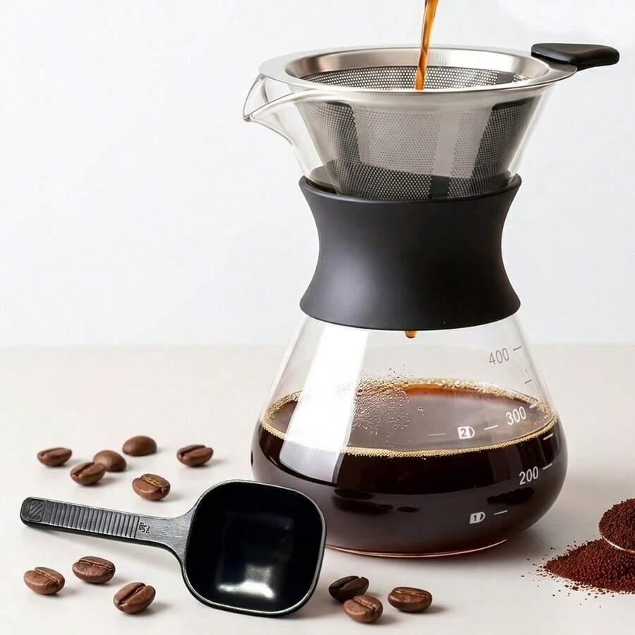 Alat Pembuat Kopi Tuang Kaca Reusable 13,5/20/27oz dengan Filter dan Sendok Takar Stainless Steel, Teko Penyaring Kopi Manual, Tidak Perlu Filter Kertas - MultiWarna - View 1