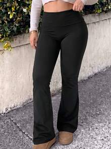 Legging Flare Warna Polos Serbaguna Kasual Olahraga Ukuran Plus Wanita - Hitam pekat - View 4