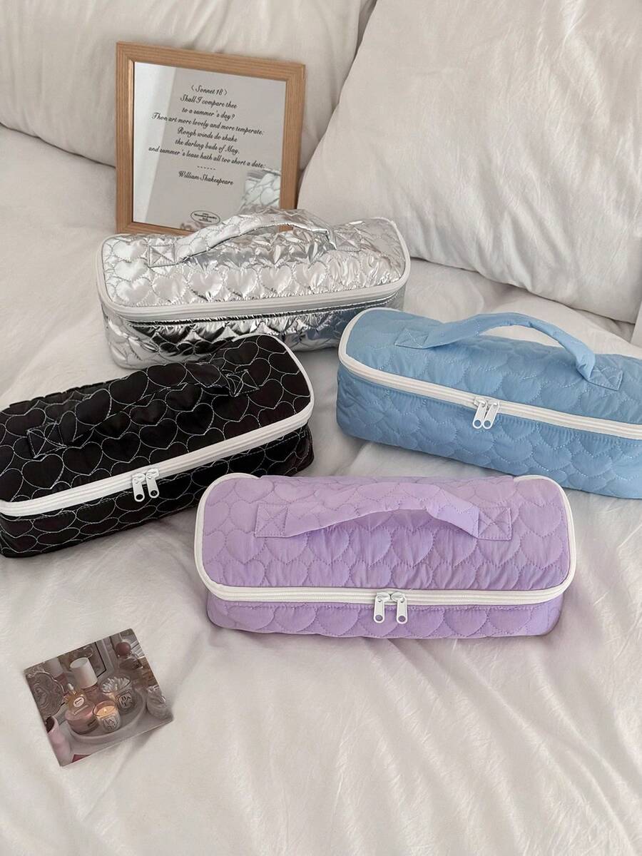 Heart-Shaped Quilted Hair Dryer Bag, Multi-Color Large Capacity Travel Hair Dryer & Curling Iron Storage Bag / Multi-Function Women's Travel Makeup & Beauty Product Organizer - Multicolor - View 1