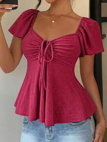 Women's T-Shirt, Modern And Elegant, New For Spring/Summer, Y2K Style, Solid Color, Jacquard, Comfortable And Breathable, With V-Neck, Adjustable Drawstring And Short Sleeves - 紅色 - 查看 1