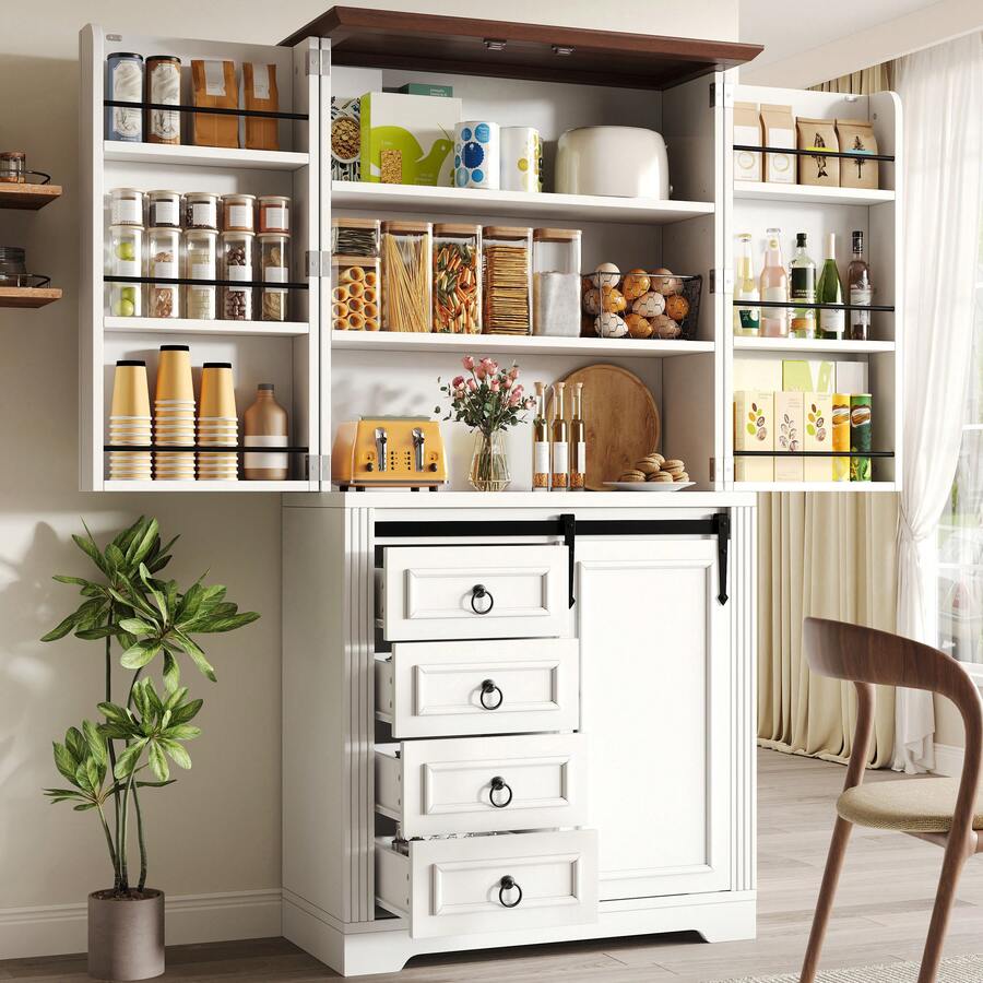 Tall Cabinet With Safety Tilt Mechanism And Snack Shelf, 4 Drawers And Adjustable Shelves, Unique - 白色 - 查看 1