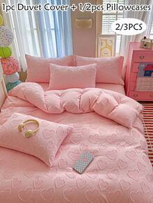 2/3pcs Pink Heart Pattern Duvet Cover Set, Cute Minimalist Ins Style Bedding Set Suitable For All Seasons, Soft And Breathable Bedroom Decor Duvet Cover, Machine Washable, Twin/Full/Queen/King All Sizes (1 Duvet Cover + 1/2 Pillowcases, Filling Not Included) - Pink - View 3