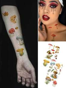 Tattoo Stickers, 2 Sheets/Set, Forest-Style Patchwork Mushroom Pattern Temporary Body Art Tattoos, Halloween Magic Style Decorative Stickers, Easy To Apply And Remove, Ideal Gift. - Brown - View 2