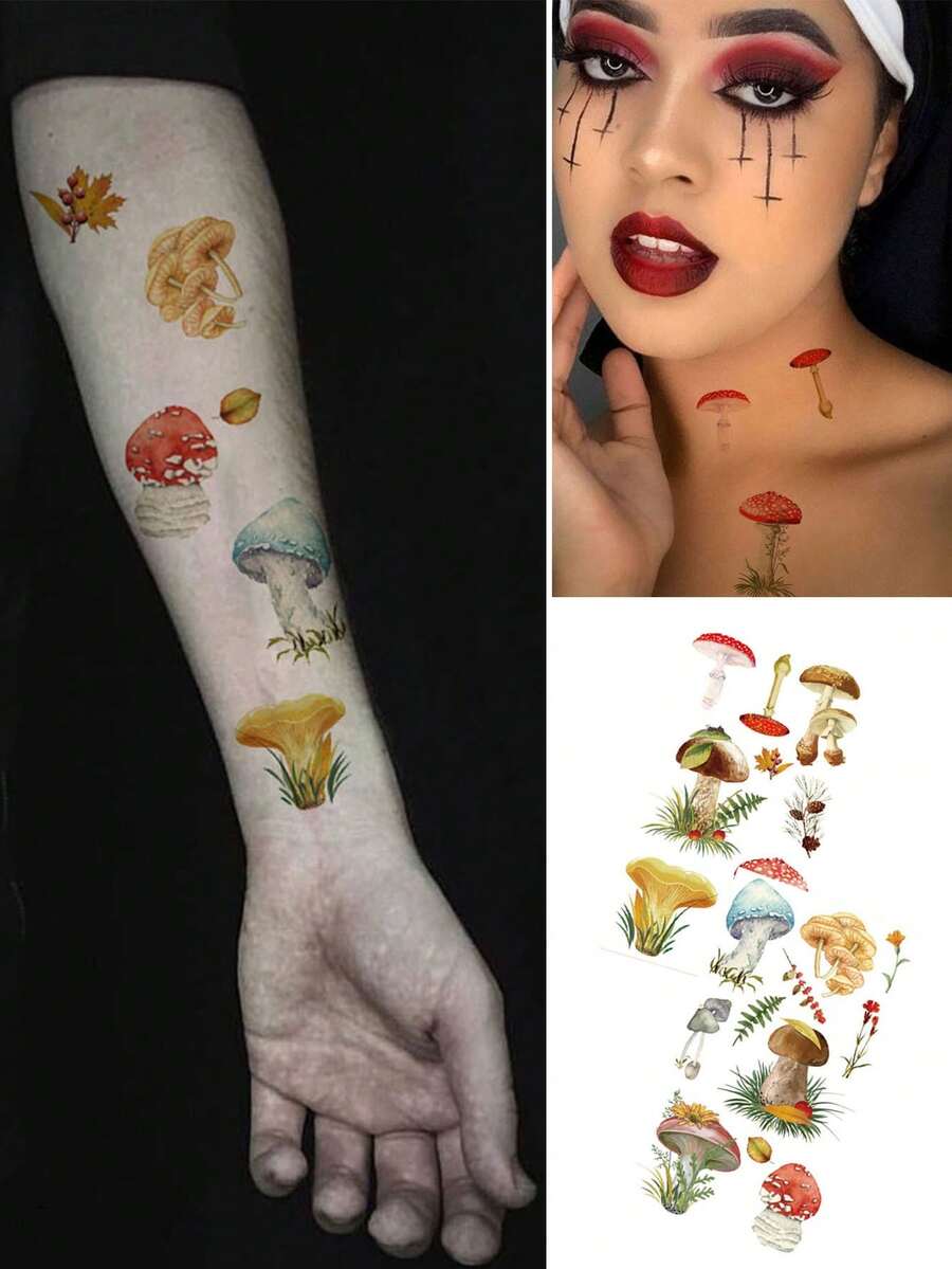 Tattoo Stickers, 2 Sheets/Set, Forest-Style Patchwork Mushroom Pattern Temporary Body Art Tattoos, Halloween Magic Style Decorative Stickers, Easy To Apply And Remove, Ideal Gift.