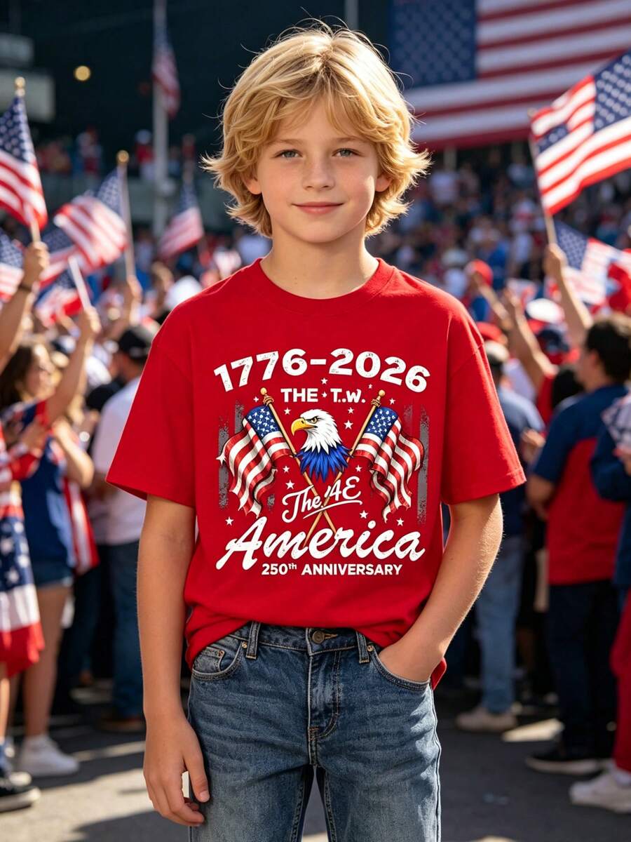 Camiseta para niño con la bandera estadounidense y la águila calva para el 250º aniversario (1776-2026) – 250º aniversario de la independencia, camiseta holgada con estampado de águila, idea - Rojo - Ver 1