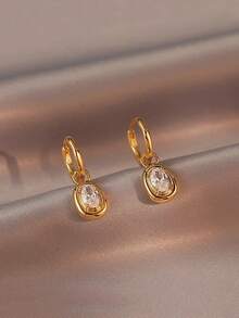 1 Pair Elegant Minimalist Geometric Design Cubic Zirconia Inlaid Shiny Luxury Earrings For Women Daily Commute And Casual Wear - Yellow Gold - View 6