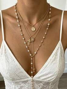4pcs Y-Shaped Necklace Multi-Layered Stackable Fashion Minimalist Elegant Exquisite Vintage Design Geometric Faux Pearl Cross Round Embossed Texture Minimalist Plain Chain Metal Style Tassel Pendant Multi-Layer Necklace Set Y-Shaped Necklace Holiday Vacation Party Date Gift Daily Commute Wear Personalized - Yellow Gold - View 2