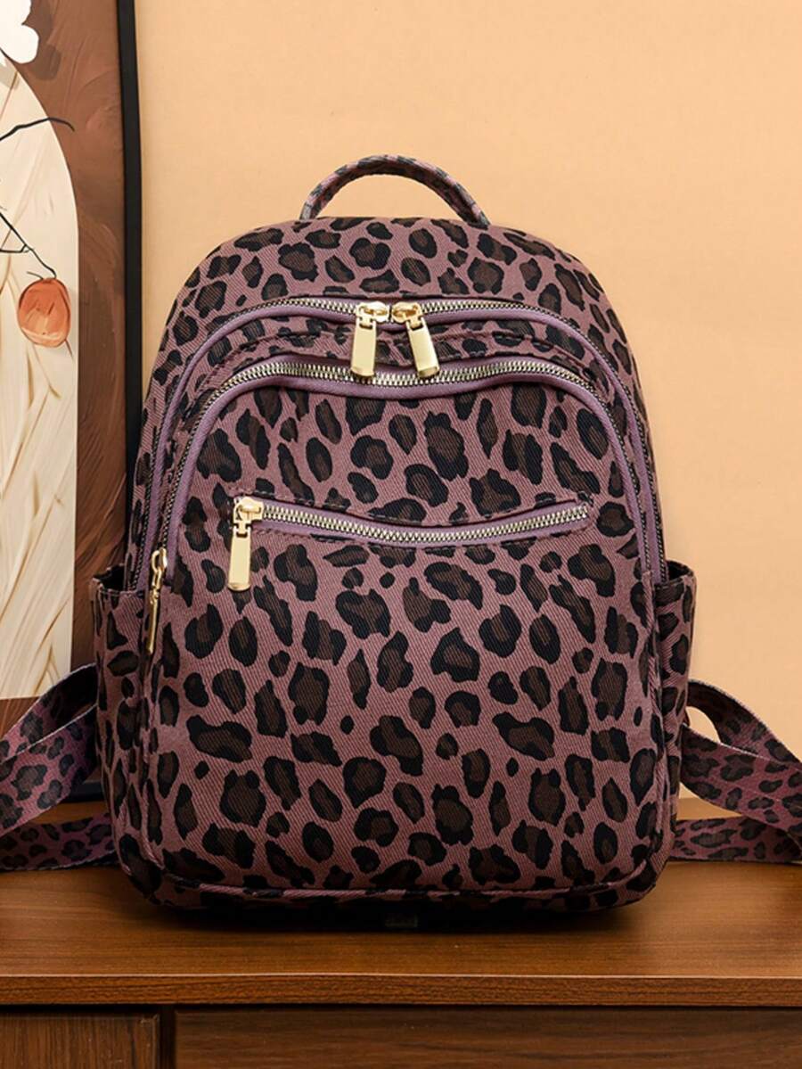Fashionable Women's Leopard Print Backpack - Purple - View 1
