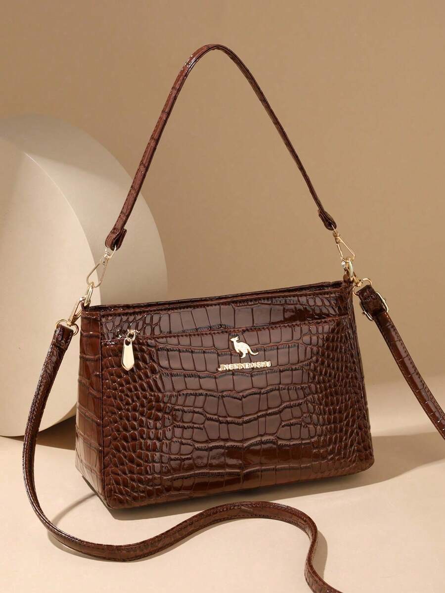 Retro Minimalist Printed Crossbody Bag With Adjustable PU Strap, Flap Closure, New Year - 香檳色 - 查看 1