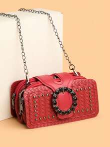 Retro Minimalist Printed Crossbody Bag With Adjustable PU Strap, Flap Closure, New Year - Gold - View 1
