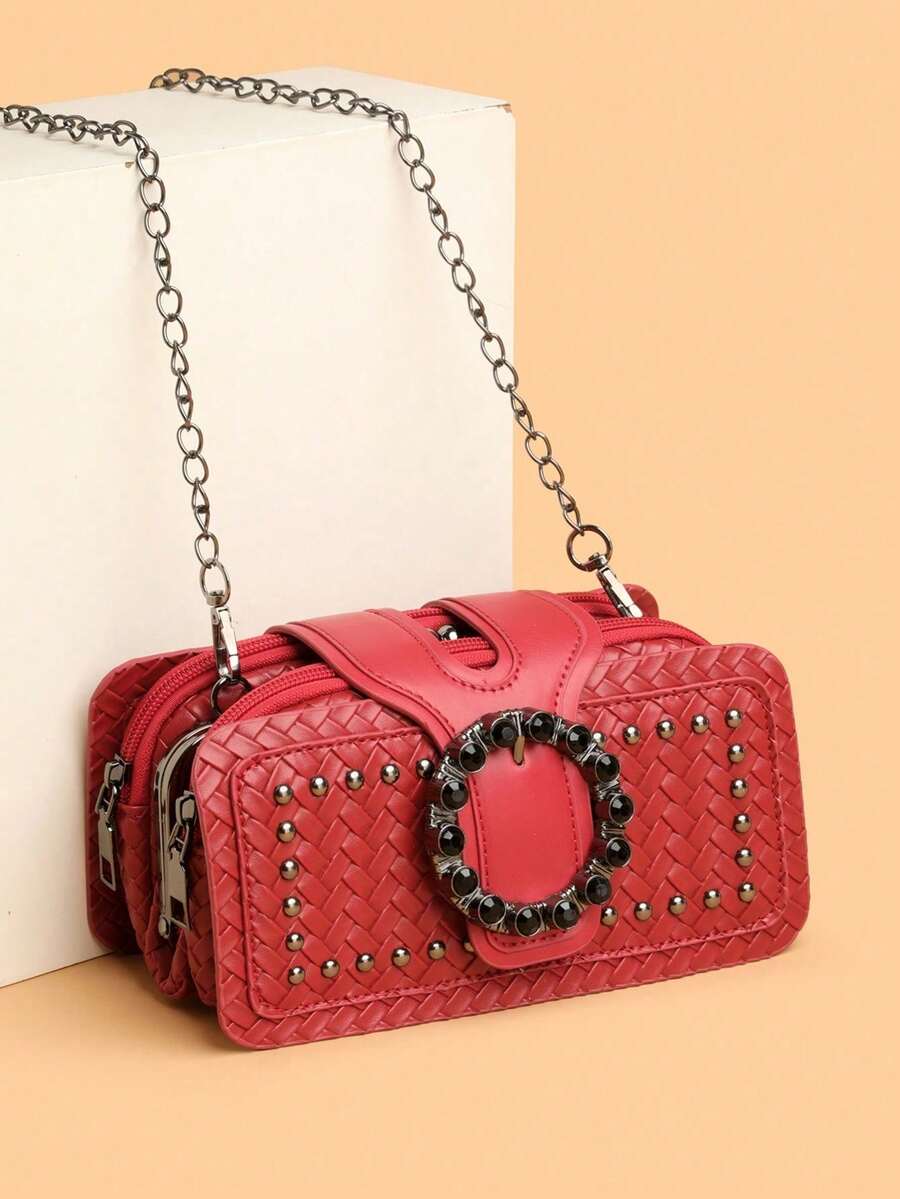 Retro Minimalist Printed Crossbody Bag With Adjustable PU Strap, Flap Closure, New Year - Gold - View 1