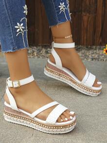 Wide Fit Women's Rivet Woven Strap Single Buckle Thick Platform Wedge Sandals, High Water Platform Wedge High Heels, Vacation Style Summer Daily Outdoor Wear Party Gathering White Sandals, Plus Size Women's Sandals, Elegant Thick Sole Sandals, Wide Feet Sandals - White Woven - View 2