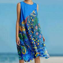 Women's Sleeveless, Printed, Loose-Fitting Casual Mini Dress (Holiday Style) - 藍色 - 查看 1