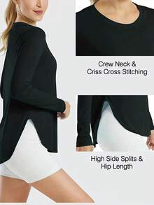 Black Solid Long Sleeve Loose Casual T-Shirt, Sports Top For Fitness, Yoga And Running, Women's Clothing - 黑色 - 查看 4