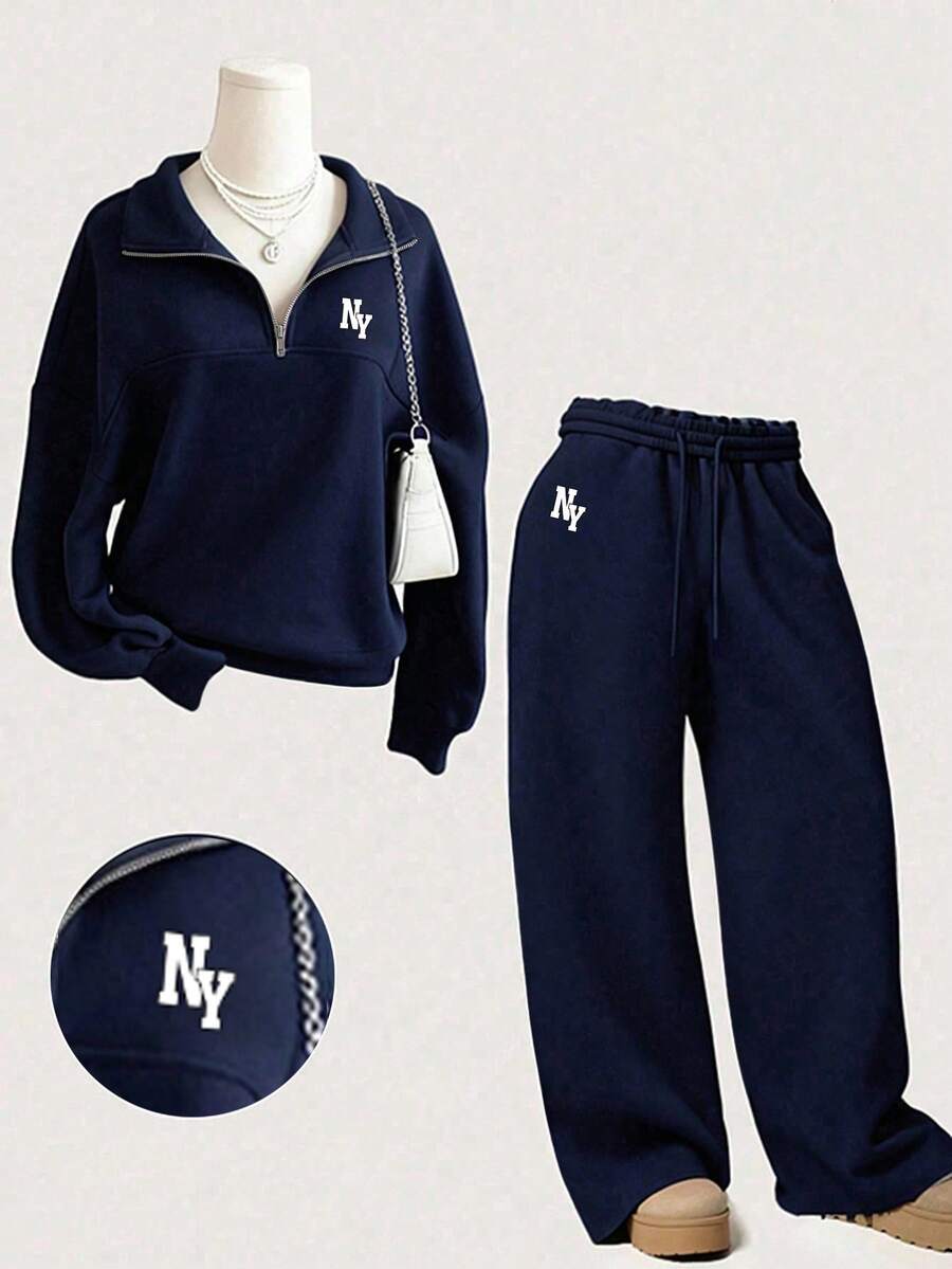 Youth Girl Letter Pattern Embroidered Half-Zip Stand Collar Sweatshirt And Pants - Royal Blue - View 1