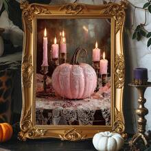 1pc Canvas Wall Art Print With Frame, Sweet & Cool Girl Style Pink Lace Pumpkin And Glowing Pink Candle Vintage Still Life Oil Painting, Soft Atmosphere Autumn Halloween Aesthetic Wall Poster For Modern Home Decor And Room Decoration - Pink Pumpkin - View 9