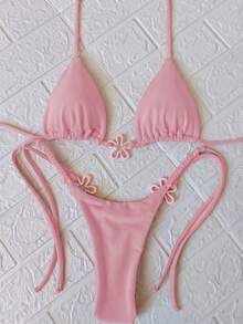 春夏新品：歐美風性感純色粉色女款比基尼，適合海灘度假、派對與約會 - 粉色 - 查看 4