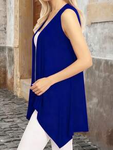 Plus Size Long Cardigan, Shawl Style, Modern, Elegant, Solid Color, Lightweight, Sleeveless, Open Front. - Blue - View 3