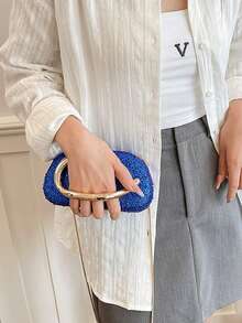Women's Rhinestone Rounded Rectangular Evening Clutch, Front Curved Oval Handle Handbag, Fashion Crossbody Bag, Suitable For Wedding, Ball, Valentine's Day Party - Blue - View 2