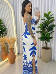 Vestido elegante estampas tropical floral - coqueiro azul - Visão 2