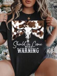 1 Piece Of Women's T-Shirt With Skull And Cow Print, Round Neck, Casual Cotton T-Shirt, Medium Elasticity Knit Fabric, Regular Fit For Ladies, 100% Cotton. - 黑色 - 查看 1